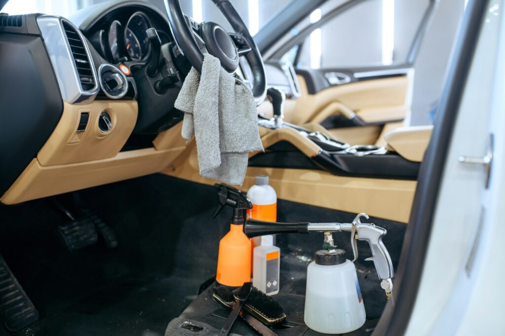 Car interior and tools for dry cleaning, detailing